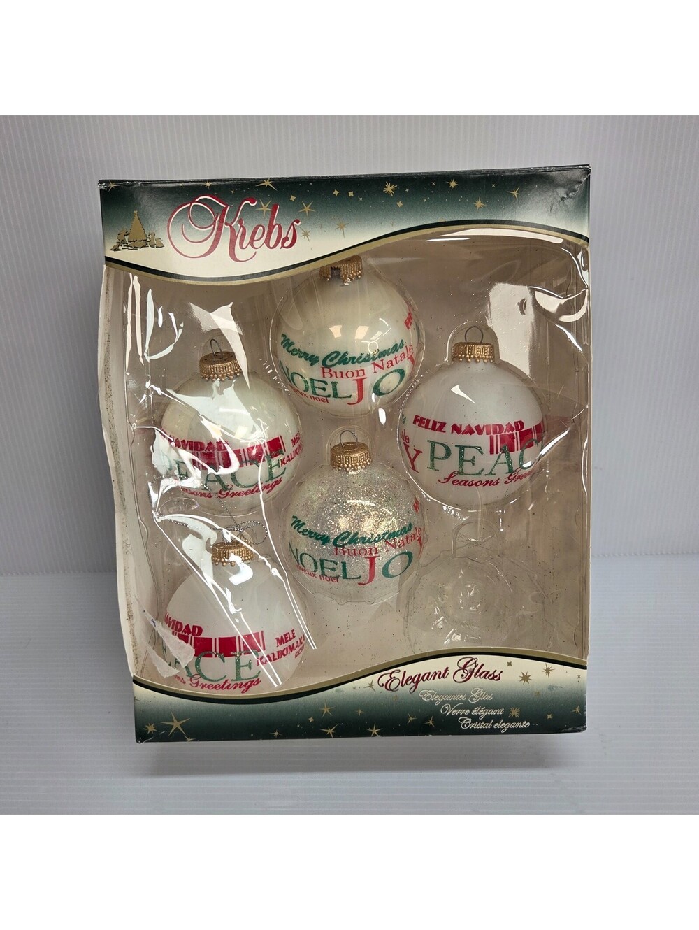Christmas by Krebs Peace Noel Glass Ornaments Set of 5 Vintage Boxed